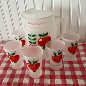 Vintage Collectible Frosted Pitcher & 5 Glasses From Atlantic City, New Jersey